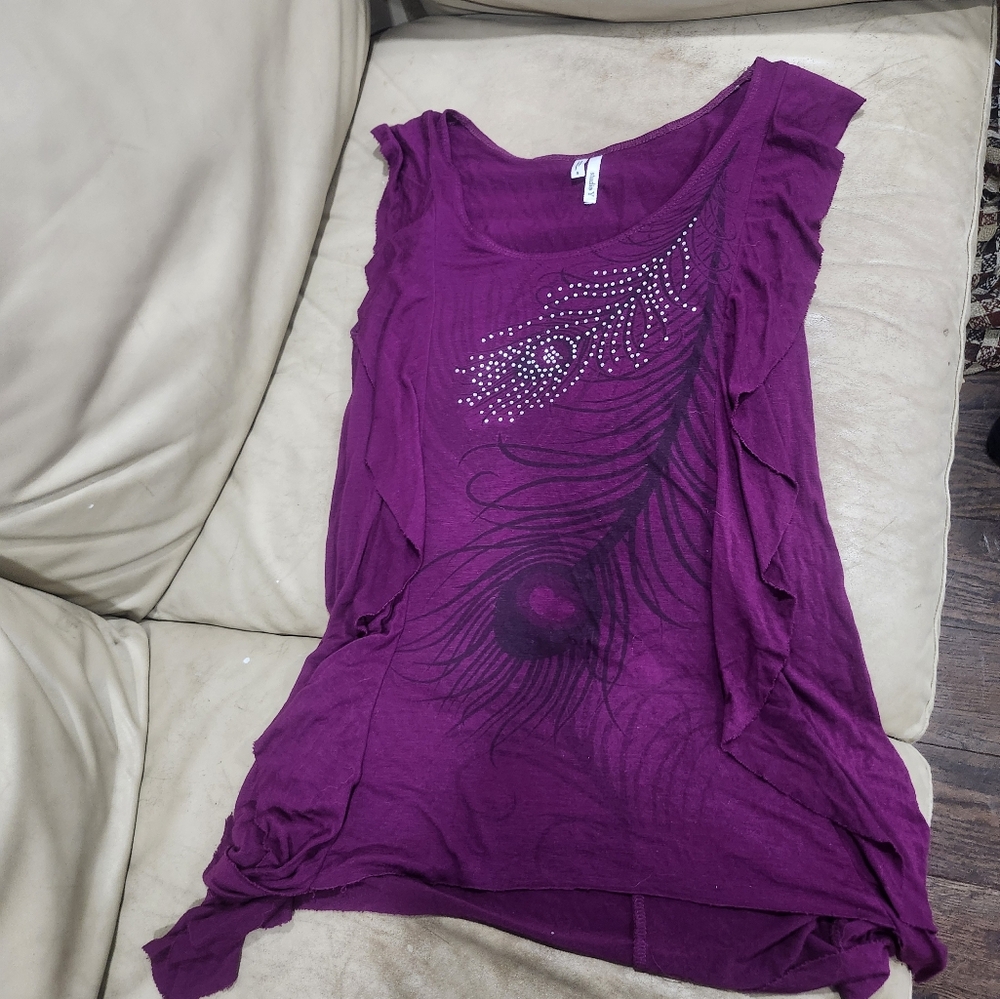 Y2k Studio Y maurices Purple Ruffle Bejeweled Peacock Feather Stret Shirt Size S